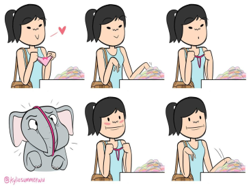 This one is specific to pre-op/non-op trans women. These ladies have a certain, ahem, elephant trunk-resembling body part. A common way to hide this part is to "tuck" it inbetween their legs (pointing backwards). The trans woman in this comic visualizes the way the thong would fit with this body part and realizes how uncomfortable it would be.